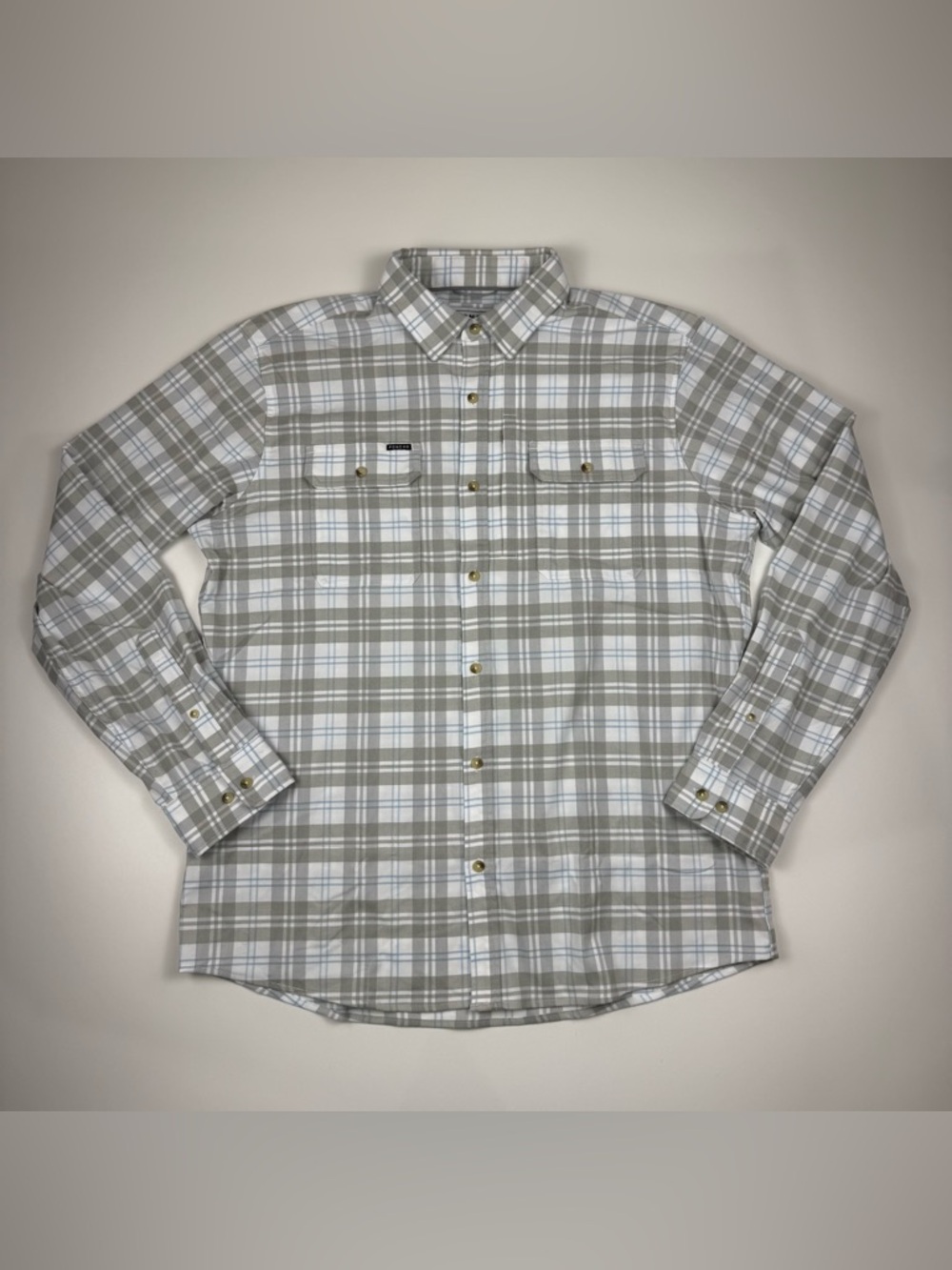 Poncho Snowcat Flannel Shirt Mens XL Plaid Long Sleeve Button Up Blue Tan White